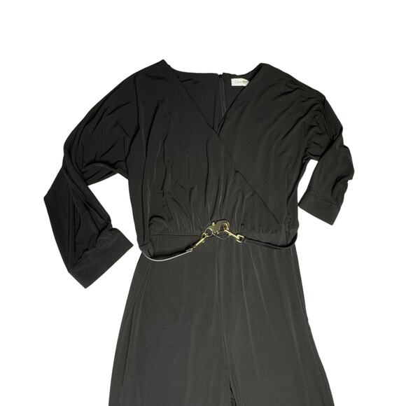 Calvin Klein NWOT Black Jumpsuit Cold Shoulder Wide Leg Pants 14 Split Sleeves - Picture 5 of 12
